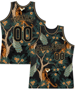 Custom Black Black-Old Gold 3D Pattern Design Tiger And Peacock Basketball Jersey Custom Black Black-Old Gold 3D Pattern Design Tiger And Peacock Basketball Jersey