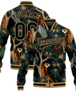 Custom Black Black-Old Gold Tiger And Peacock 3D Pattern Design Bomber Full-Snap Varsity Letterman Jacket