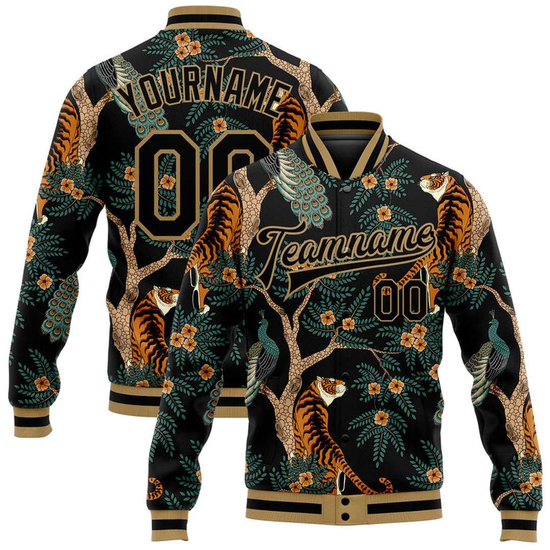 Custom Black Black-Old Gold Tiger And Peacock 3D Pattern Design Bomber Full-Snap Varsity Letterman Jacket Custom Black Black-Old Gold Tiger And Peacock 3D Pattern Design Bomber Full-Snap Varsity Letterman Jacket