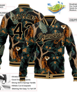 Custom Black Black-Old Gold Tiger And Peacock 3D Pattern Design Bomber Full-Snap Varsity Letterman Jacket