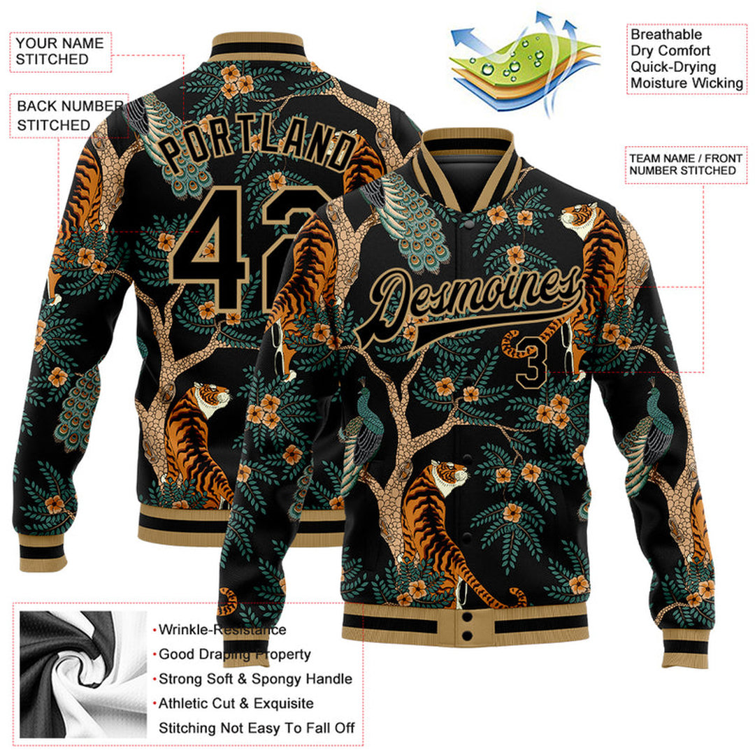 Custom Black Black-Old Gold Tiger And Peacock 3D Pattern Design Bomber Full-Snap Varsity Letterman Jacket Custom Black Black-Old Gold Tiger And Peacock 3D Pattern Design Bomber Full-Snap Varsity Letterman Jacket