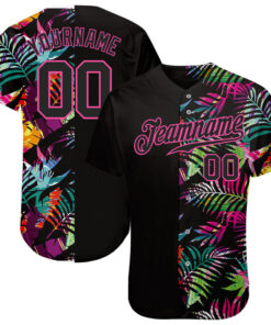 Custom Black Black-Pink 3D Pattern Design Tropical Palm Leaves Baseball Jersey