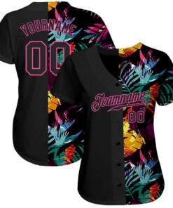 Custom Black Black-Pink 3D Pattern Design Tropical Palm Leaves Baseball Jersey