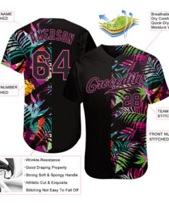 Custom Black Black Pink 3D Pattern Design Tropical Palm Leaves Authentic Baseball Jersey 3.jpg