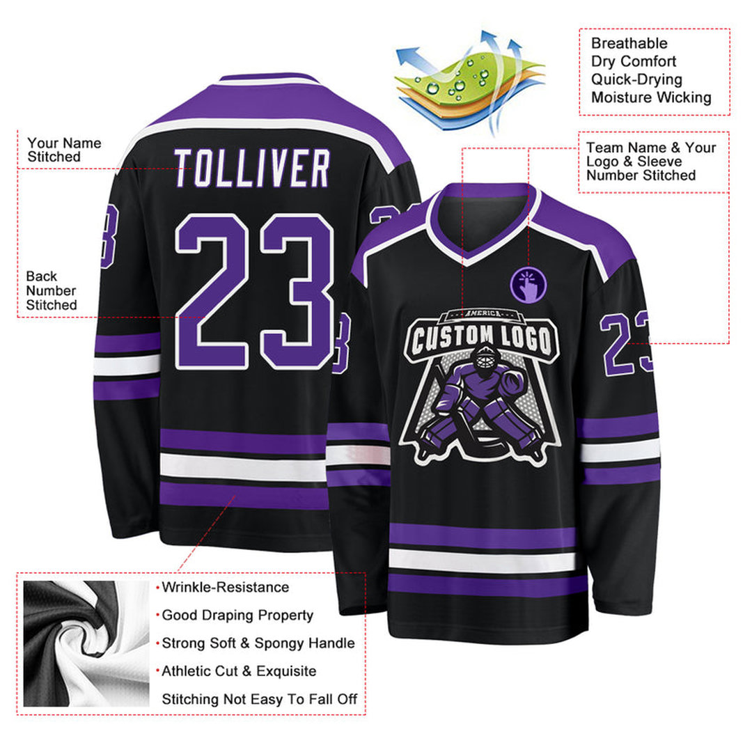 Custom Black Purple-White Hockey Jersey Custom Black Purple-White Hockey Jersey