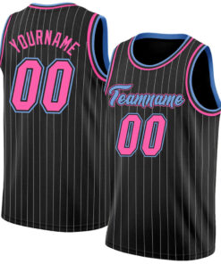 Custom Black White Pinstripe Pink-Light Blue Basketball Jersey