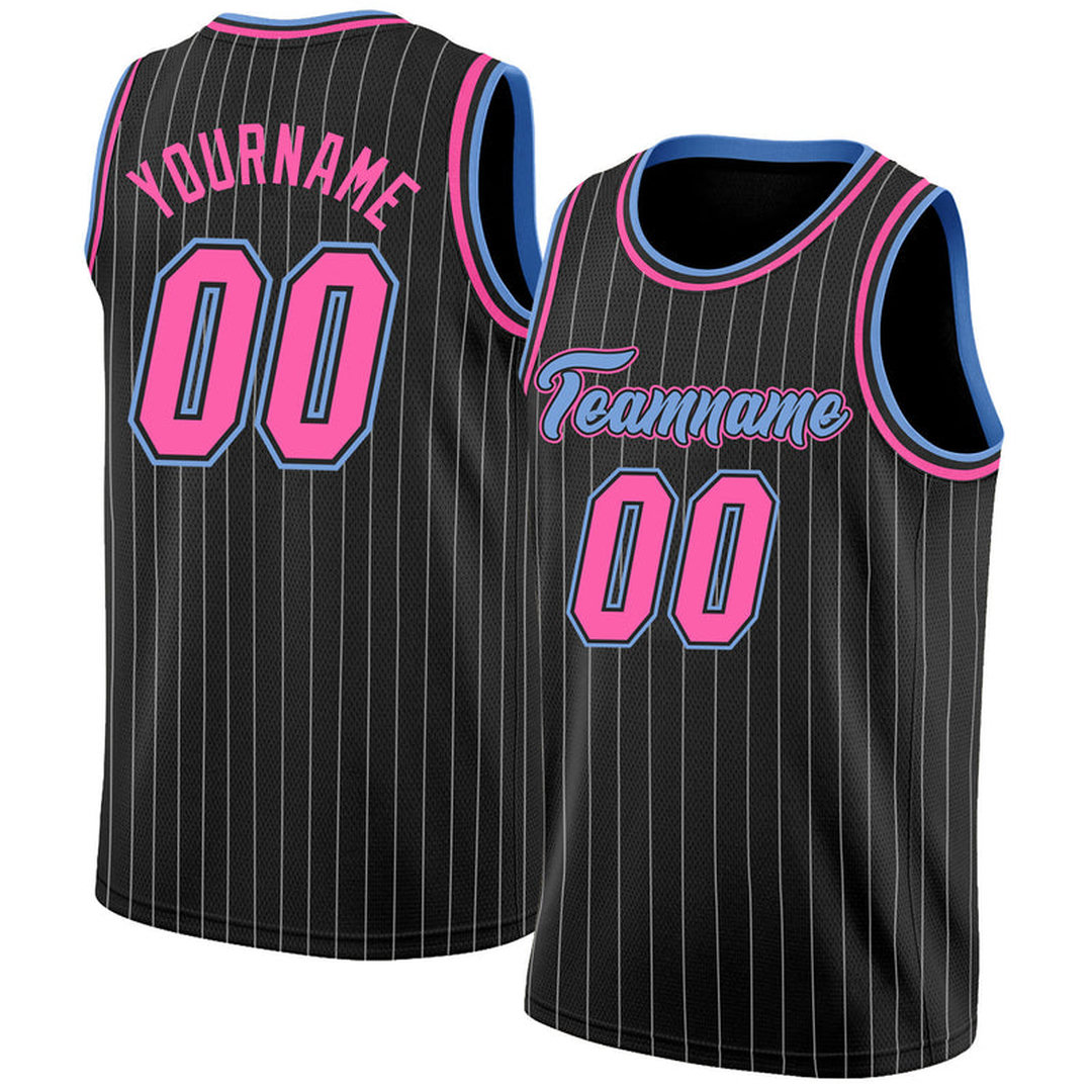 Custom Black White Pinstripe Pink-Light Blue Basketball Jersey Custom Black White Pinstripe Pink-Light Blue Basketball Jersey