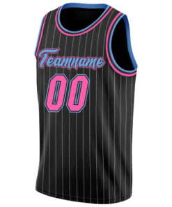 Custom Black White Pinstripe Pink-Light Blue Basketball Jersey