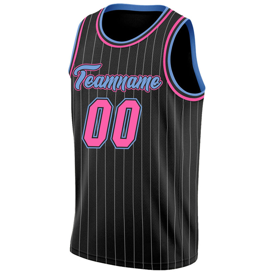 Custom Black White Pinstripe Pink-Light Blue Basketball Jersey Custom Black White Pinstripe Pink-Light Blue Basketball Jersey