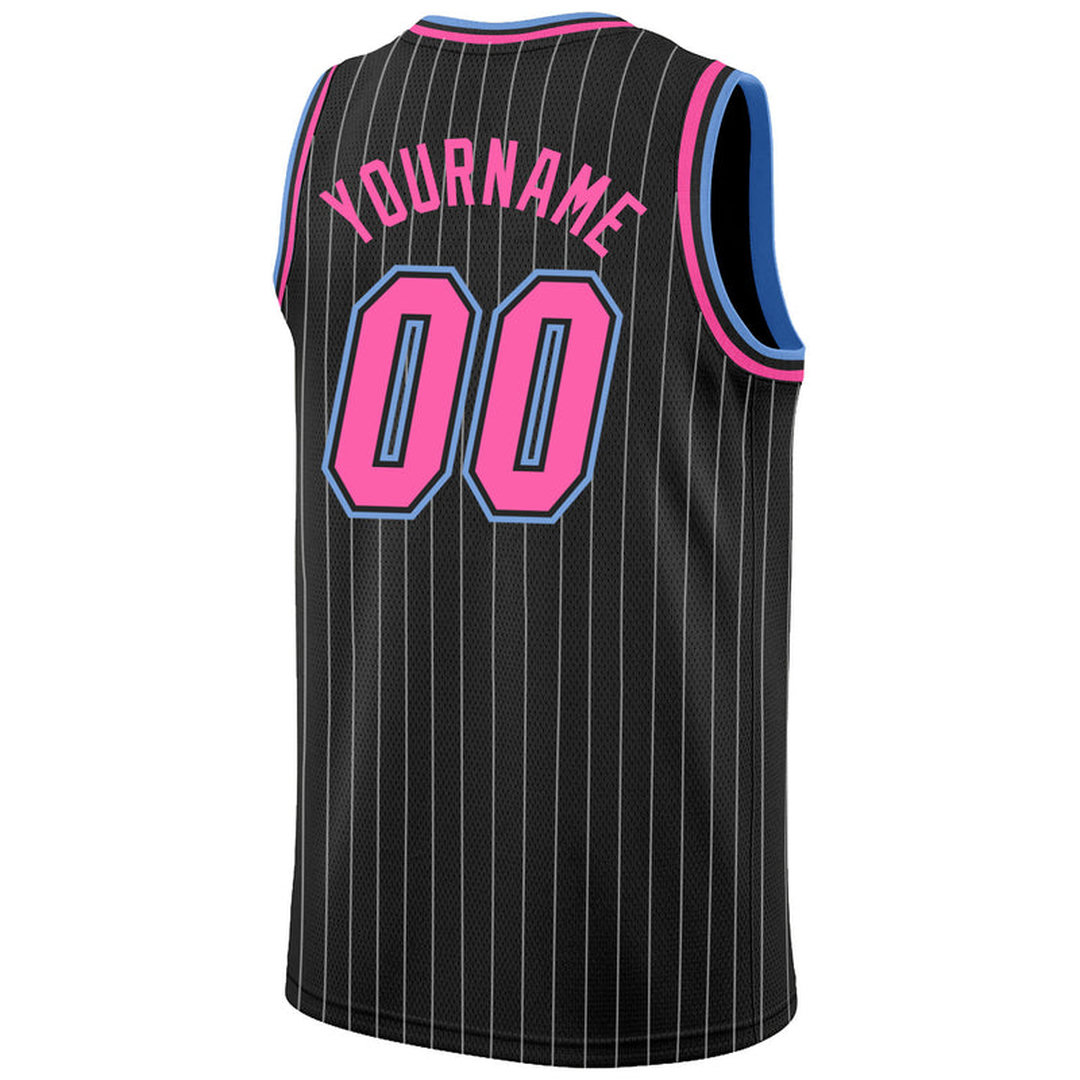 Custom Black White Pinstripe Pink-Light Blue Basketball Jersey Custom Black White Pinstripe Pink-Light Blue Basketball Jersey