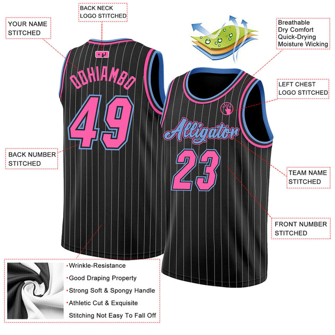 Custom Black White Pinstripe Pink-Light Blue Basketball Jersey Custom Black White Pinstripe Pink-Light Blue Basketball Jersey