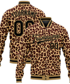 Custom Brown Black-Old Gold Leopard 3D Pattern Design Bomber Full-Snap Varsity Letterman Jacket