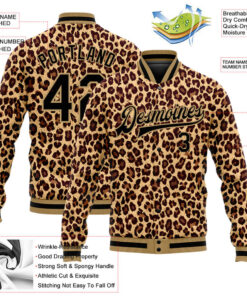 Custom Brown Black-Old Gold Leopard 3D Pattern Design Bomber Full-Snap Varsity Letterman Jacket