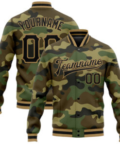 Custom Camo Black-Old Gold Bomber Full-Snap Varsity Letterman Salute To Service Jacket