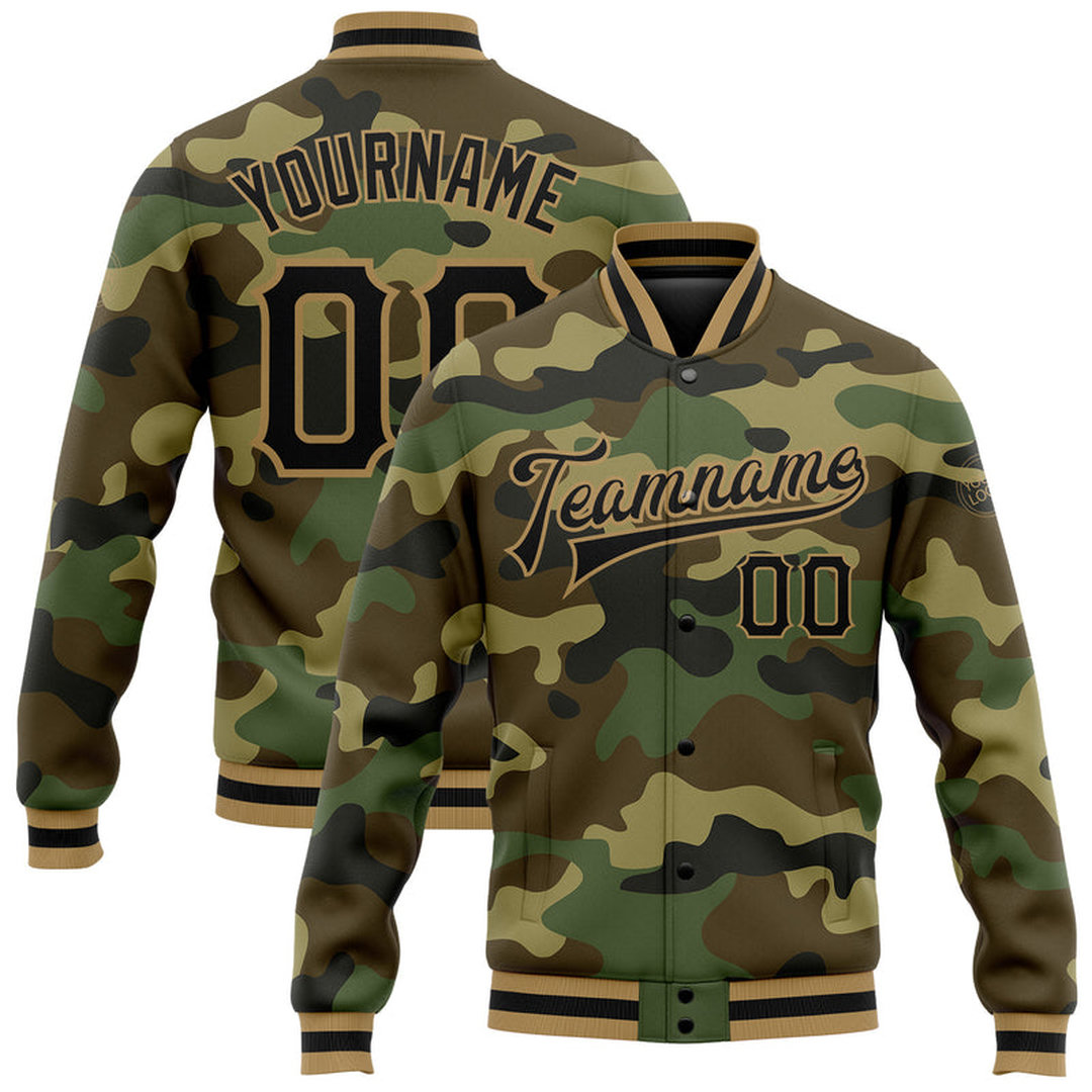 Custom Camo Black-Old Gold Bomber Full-Snap Varsity Letterman Salute To Service Jacket Custom Camo Black-Old Gold Bomber Full-Snap Varsity Letterman Salute To Service Jacket