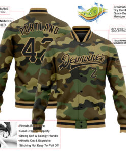 Custom Camo Black-Old Gold Bomber Full-Snap Varsity Letterman Salute To Service Jacket