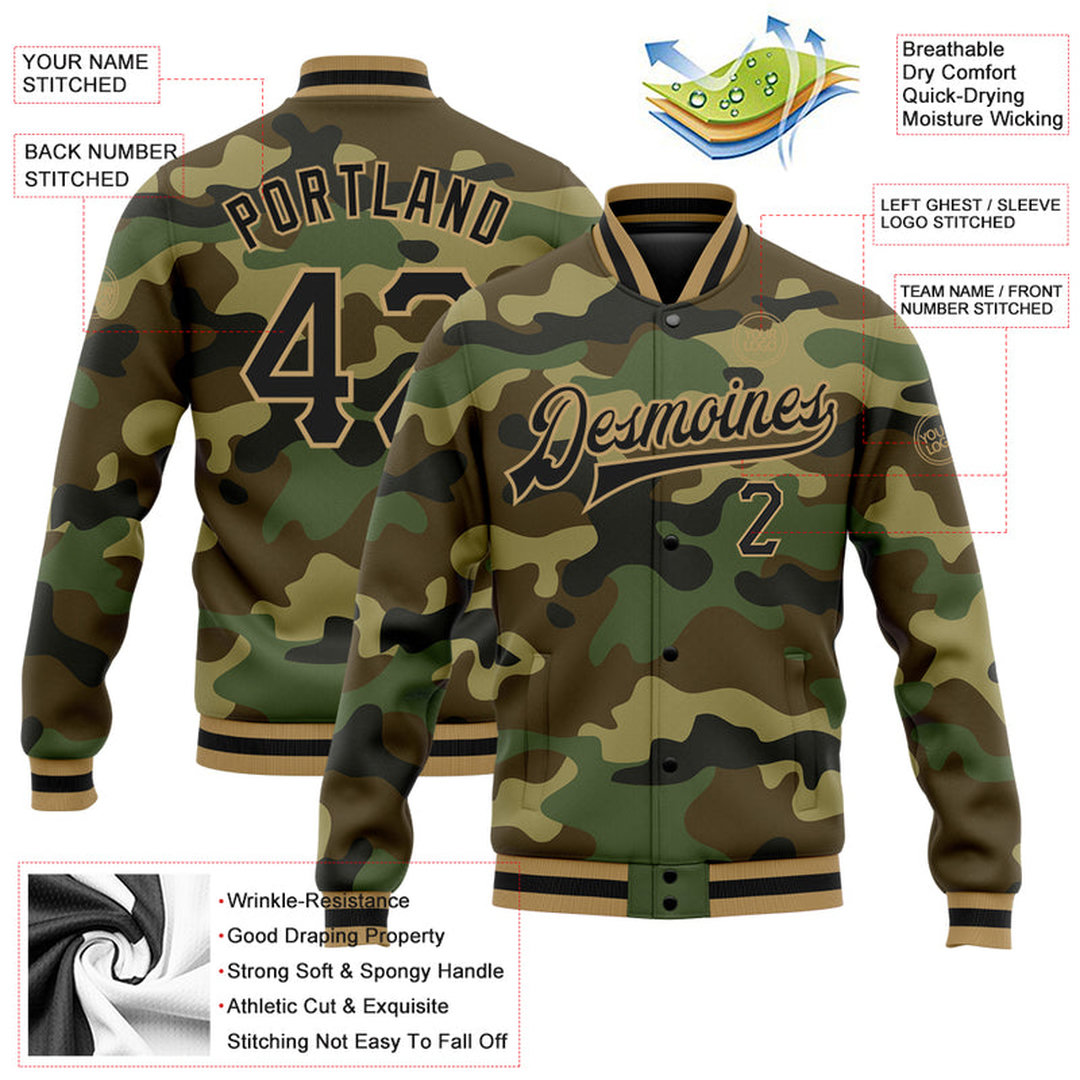 Custom Camo Black-Old Gold Bomber Full-Snap Varsity Letterman Salute To Service Jacket Custom Camo Black-Old Gold Bomber Full-Snap Varsity Letterman Salute To Service Jacket