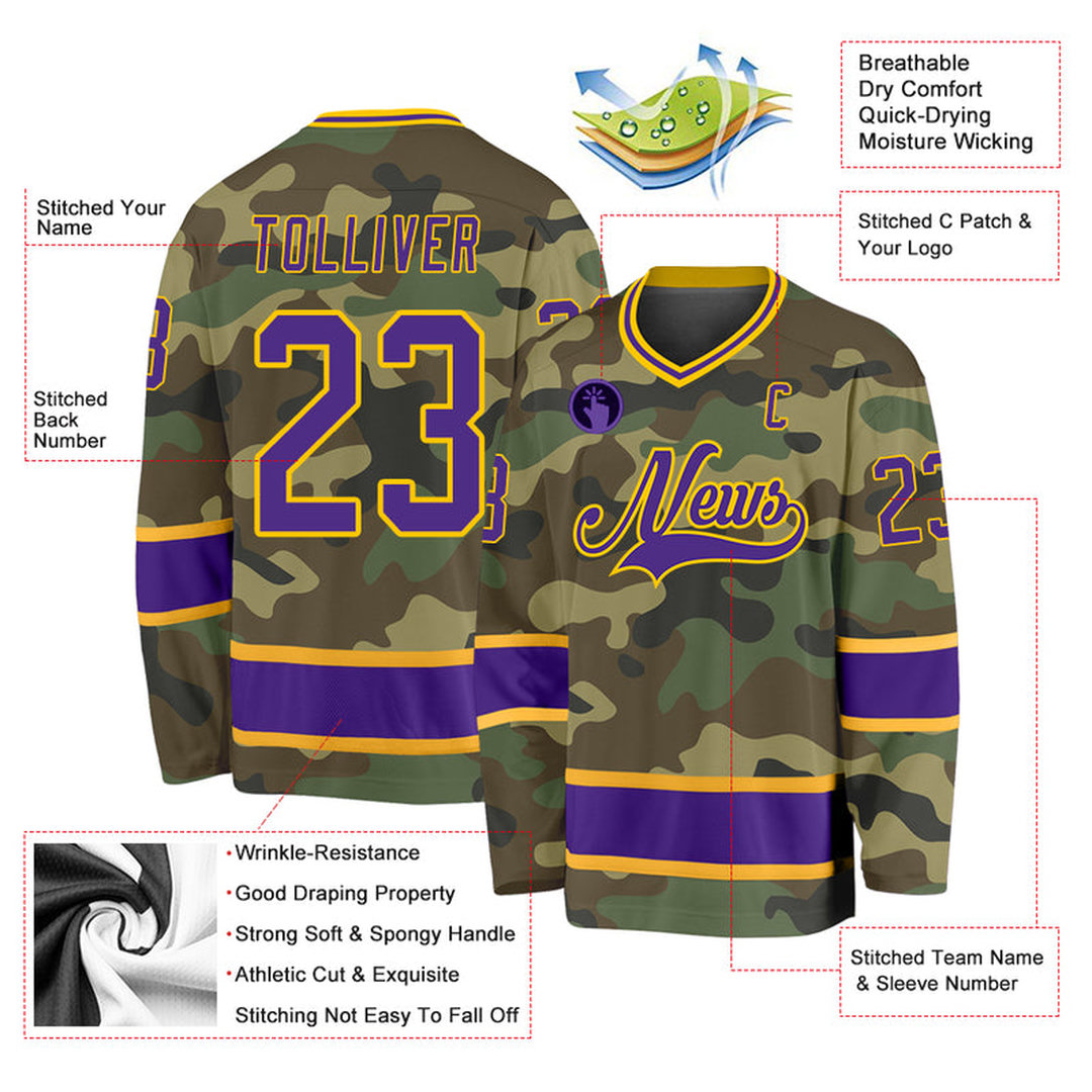 Custom Camo Purple-Gold Salute To Service Hockey Jersey Custom Camo Purple-Gold Salute To Service Hockey Jersey