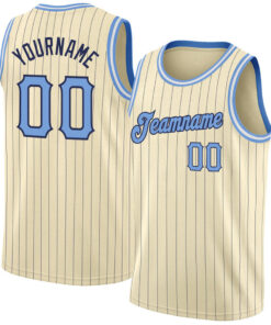 Custom Cream Navy Pinstripe Light Blue-Black Basketball Jersey