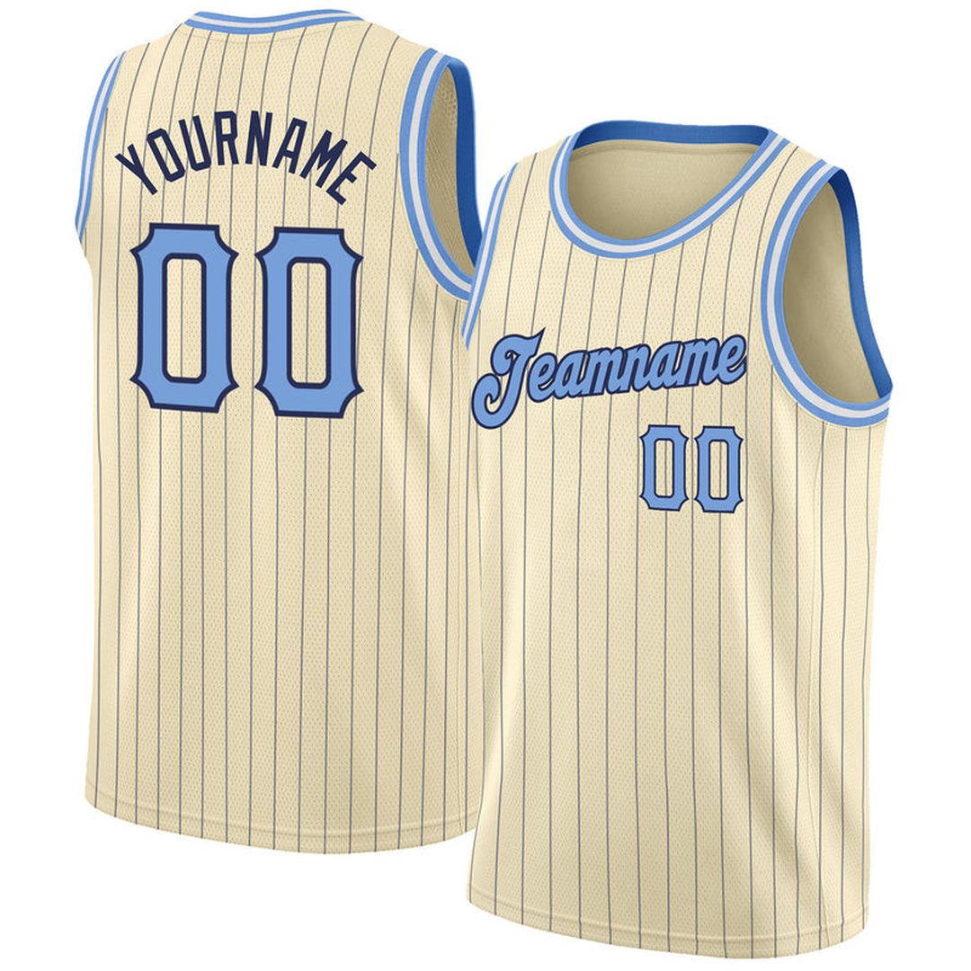 Custom Cream Navy Pinstripe Light Blue-Black Basketball Jersey Custom Cream Navy Pinstripe Light Blue-Black Basketball Jersey