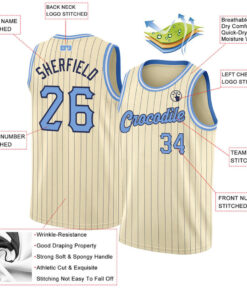 Custom Cream Navy Pinstripe Light Blue-Black Basketball Jersey