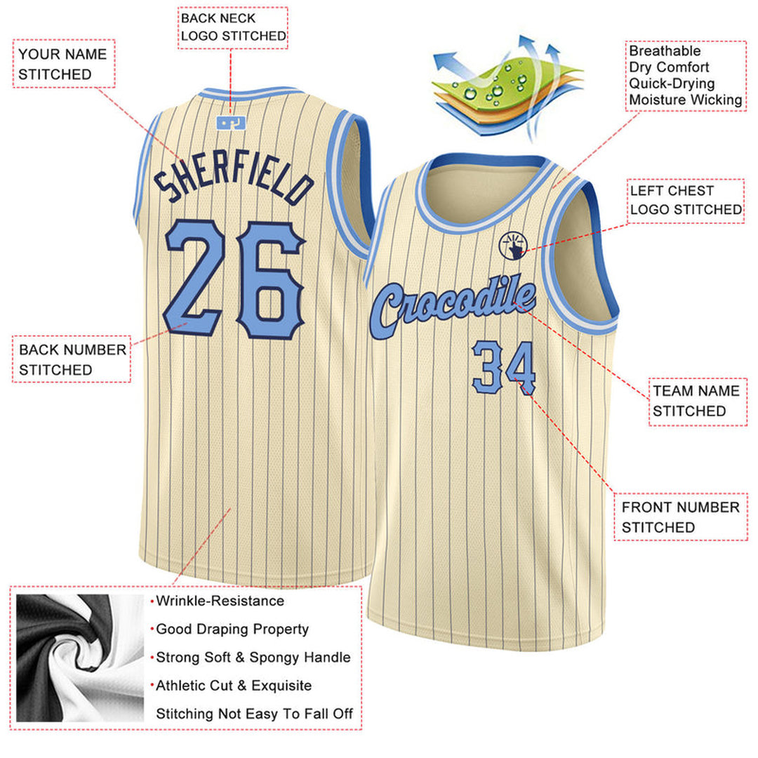 Custom Cream Navy Pinstripe Light Blue-Black Basketball Jersey Custom Cream Navy Pinstripe Light Blue-Black Basketball Jersey