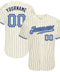 Custom Cream Navy Pinstripe Light Blue-Navy Baseball Jersey
