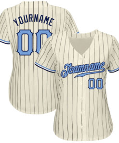 Custom Cream Navy Pinstripe Light Blue-Navy Baseball Jersey