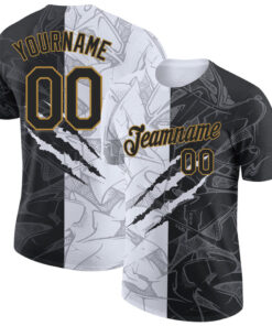 Custom Graffiti Pattern Black-Old Gold Scratch 3D Performance T-Shirt