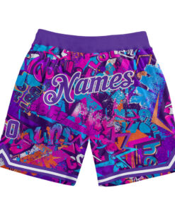 Custom Graffiti Pattern Purple-White 3D Words Basketball Shorts