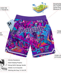 Custom Graffiti Pattern Purple-White 3D Words Basketball Shorts