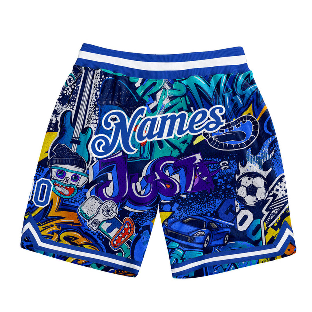 Custom Graffiti Pattern Royal-White 3D Basketball Shorts Custom Graffiti Pattern Royal-White 3D Basketball Shorts