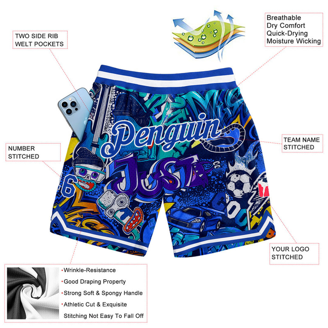 Custom Graffiti Pattern Royal-White 3D Basketball Shorts Custom Graffiti Pattern Royal-White 3D Basketball Shorts