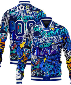 Custom Graffiti Pattern Royal-White Abstract Urban Street Art 3D Bomber Full-Snap Varsity Letterman Jacket