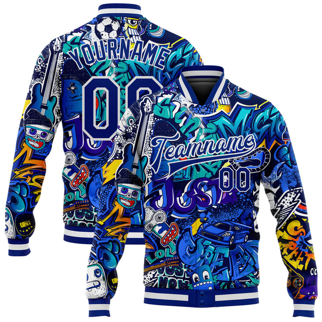 Custom Graffiti Pattern Royal-White Abstract Urban Street Art 3D Bomber Full-Snap Varsity Letterman Jacket Custom Graffiti Pattern Royal-White Abstract Urban Street Art 3D Bomber Full-Snap Varsity Letterman Jacket