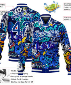 Custom Graffiti Pattern Royal-White Abstract Urban Street Art 3D Bomber Full-Snap Varsity Letterman Jacket