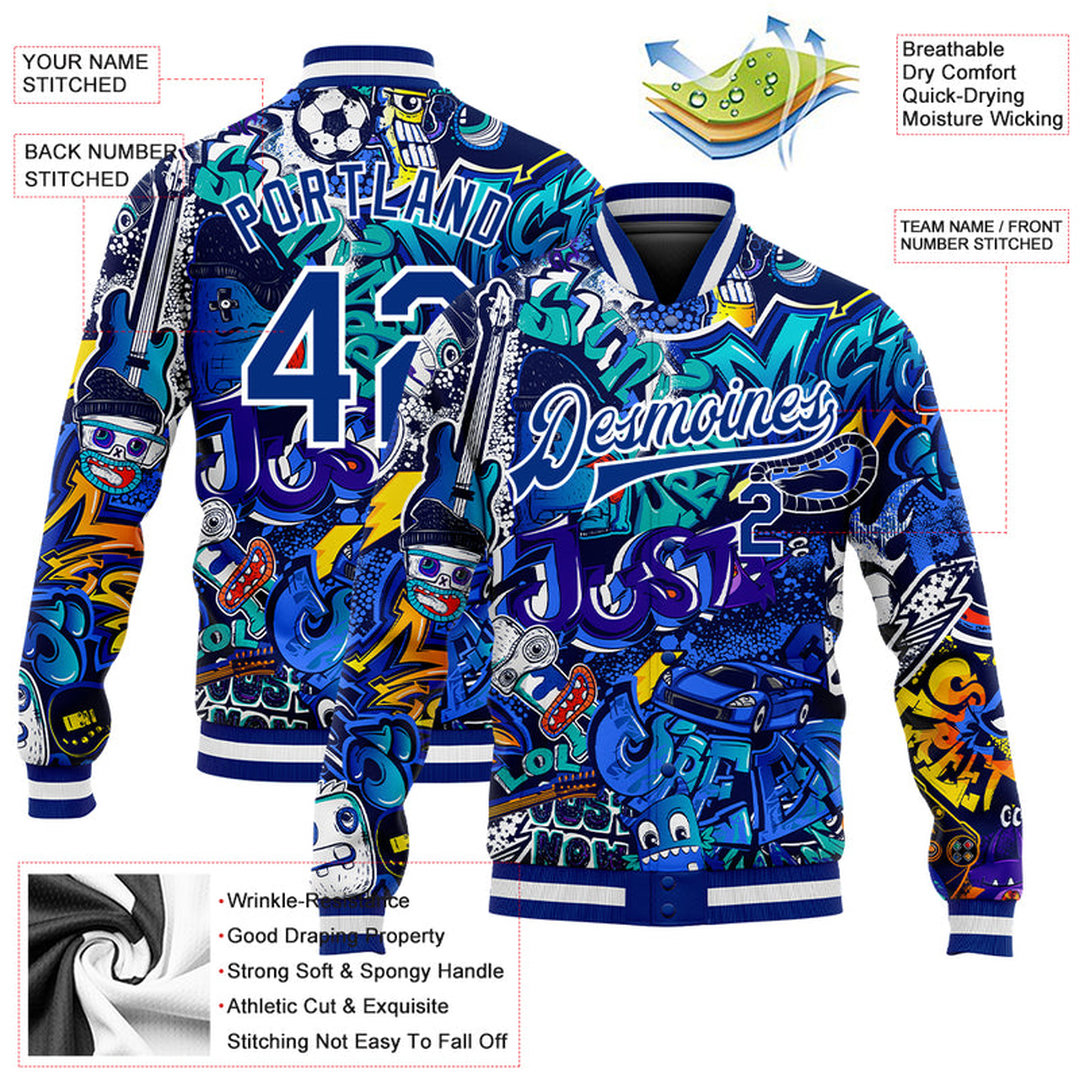 Custom Graffiti Pattern Royal-White Abstract Urban Street Art 3D Bomber Full-Snap Varsity Letterman Jacket Custom Graffiti Pattern Royal-White Abstract Urban Street Art 3D Bomber Full-Snap Varsity Letterman Jacket