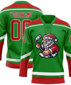 Custom Grass Green Red-White Christmas Santa Claus 3D Hockey Lace Neck Jersey