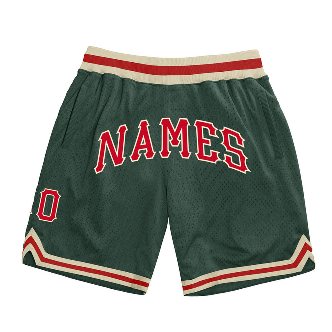Custom Hunter Green Red-Cream Throwback Basketball Shorts Custom Hunter Green Red-Cream Throwback Basketball Shorts