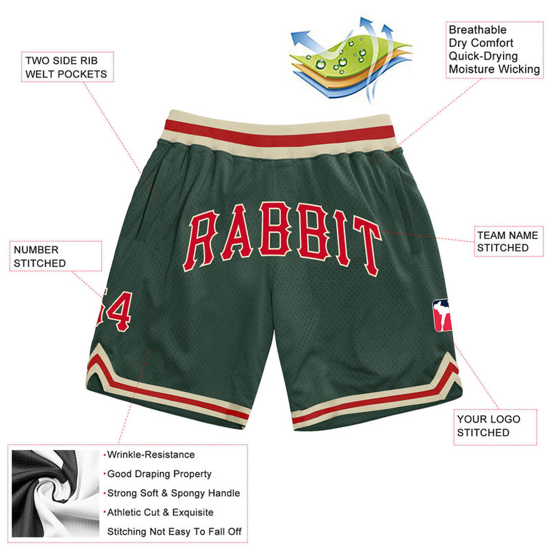 Custom Hunter Green Red-Cream Throwback Basketball Shorts Custom Hunter Green Red-Cream Throwback Basketball Shorts