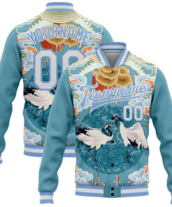 Custom Light Blue White Heron And Cloud 3D Pattern Design Bomber Full-Snap Varsity Letterman Jacket