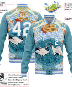 Custom Light Blue White Heron And Cloud 3D Pattern Design Bomber Full-Snap Varsity Letterman Jacket