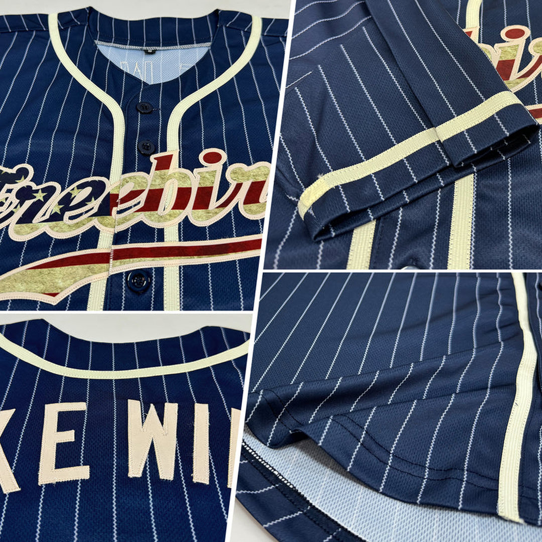Custom Navy White Pinstripe Vintage USA Flag-Cream Baseball Jersey Custom Navy White Pinstripe Vintage USA Flag-Cream Baseball Jersey