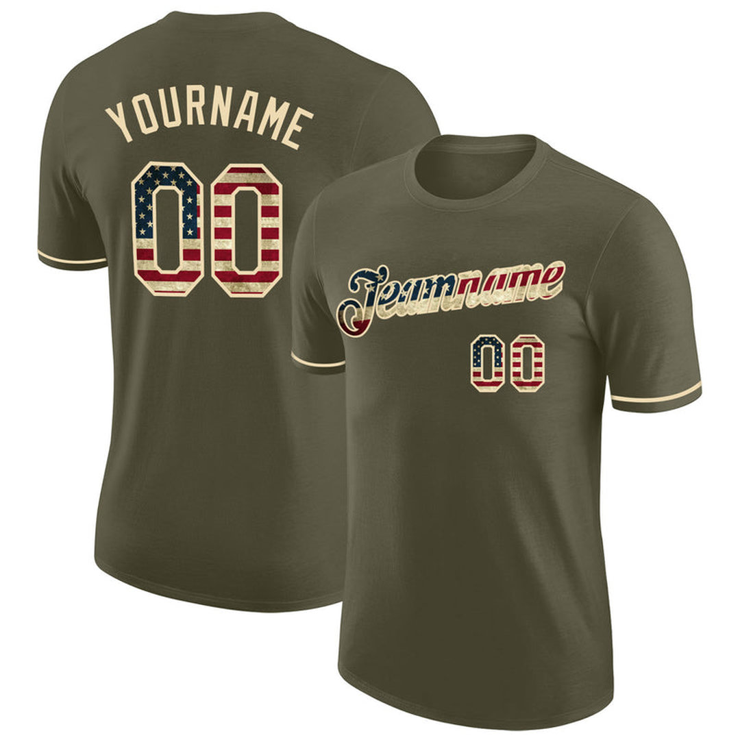 Custom Olive Vintage USA Flag-Cream Performance Salute To Service T-Shirt Custom Olive Vintage USA Flag-Cream Performance Salute To Service T-Shirt