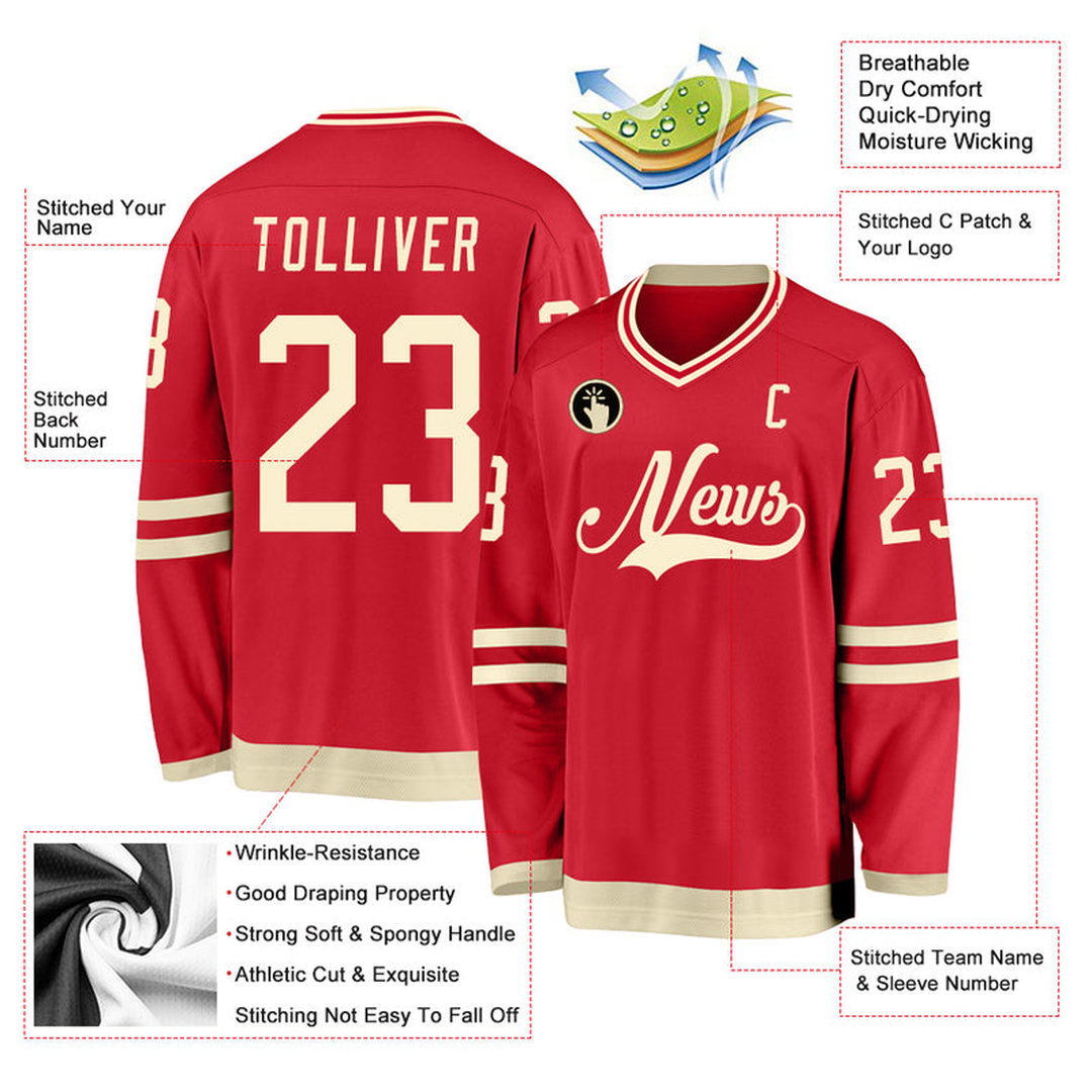 Custom Red Cream Hockey Jersey Custom Red Cream Hockey Jersey