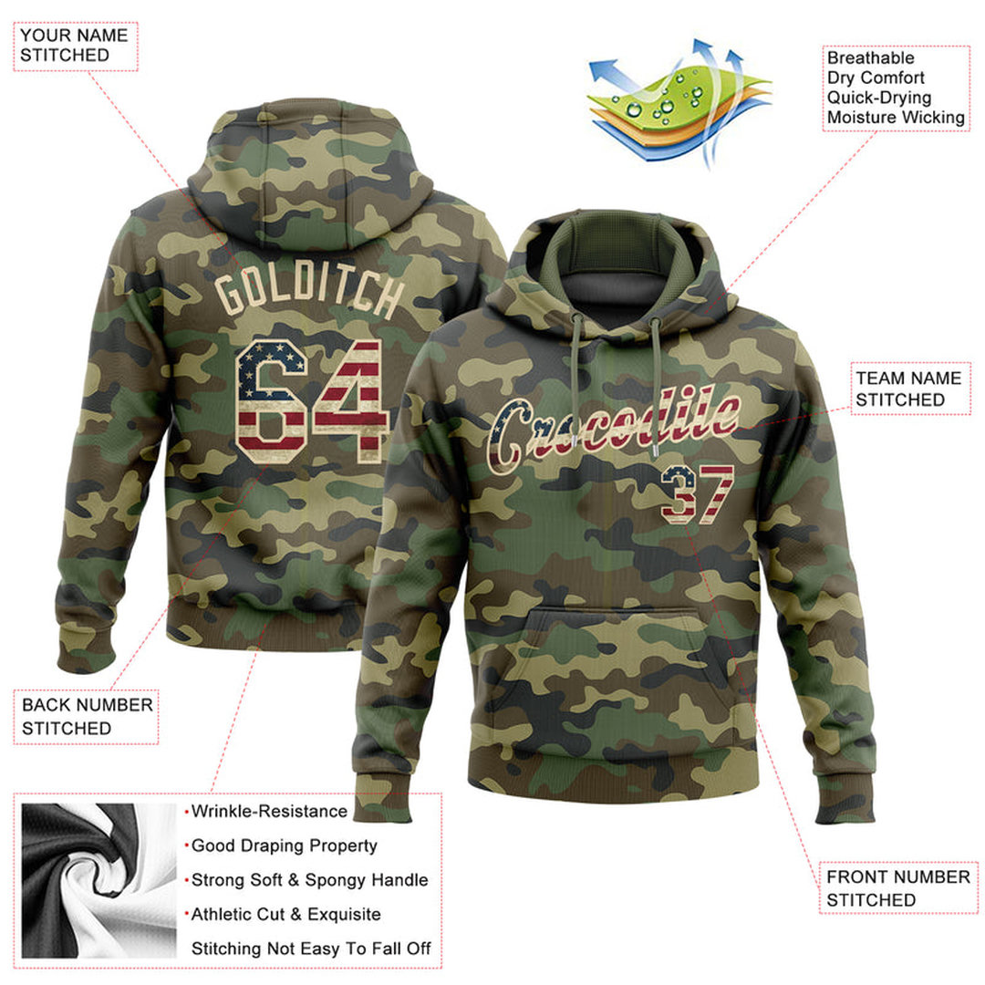 Custom Stitched Camo Vintage USA Flag-Cream Sports Pullover Sweatshirt Salute To Service Hoodie Custom Stitched Camo Vintage USA Flag-Cream Sports Pullover Sweatshirt Salute To Service Hoodie