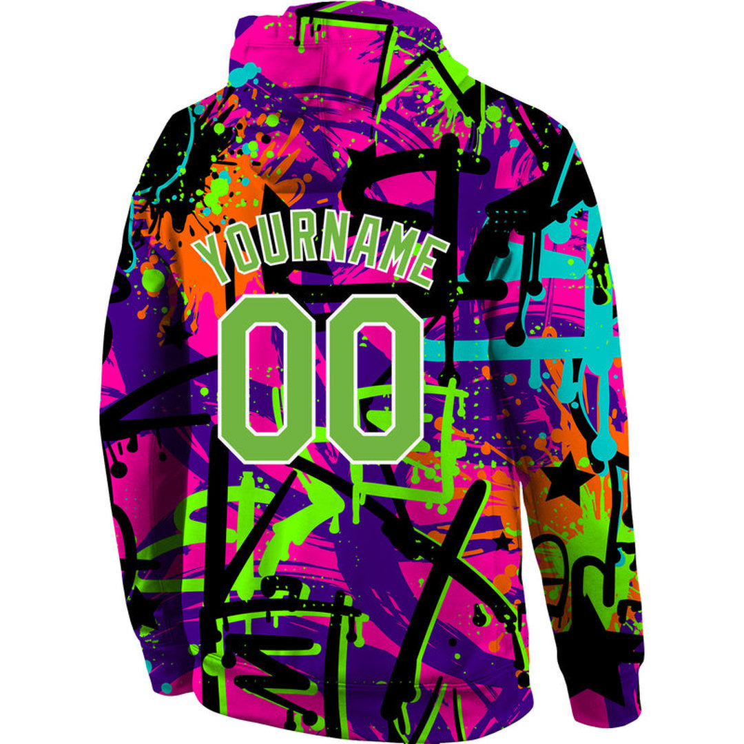 Custom Stitched Graffiti Pattern Neon Green-White 3D Sports Pullover Sweatshirt Hoodie Custom Stitched Graffiti Pattern Neon Green-White 3D Sports Pullover Sweatshirt Hoodie