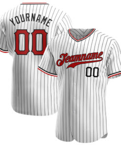Custom White Black Pinstripe Red-Black Baseball Jersey