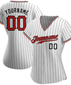 Custom White Black Pinstripe Red-Black Baseball Jersey