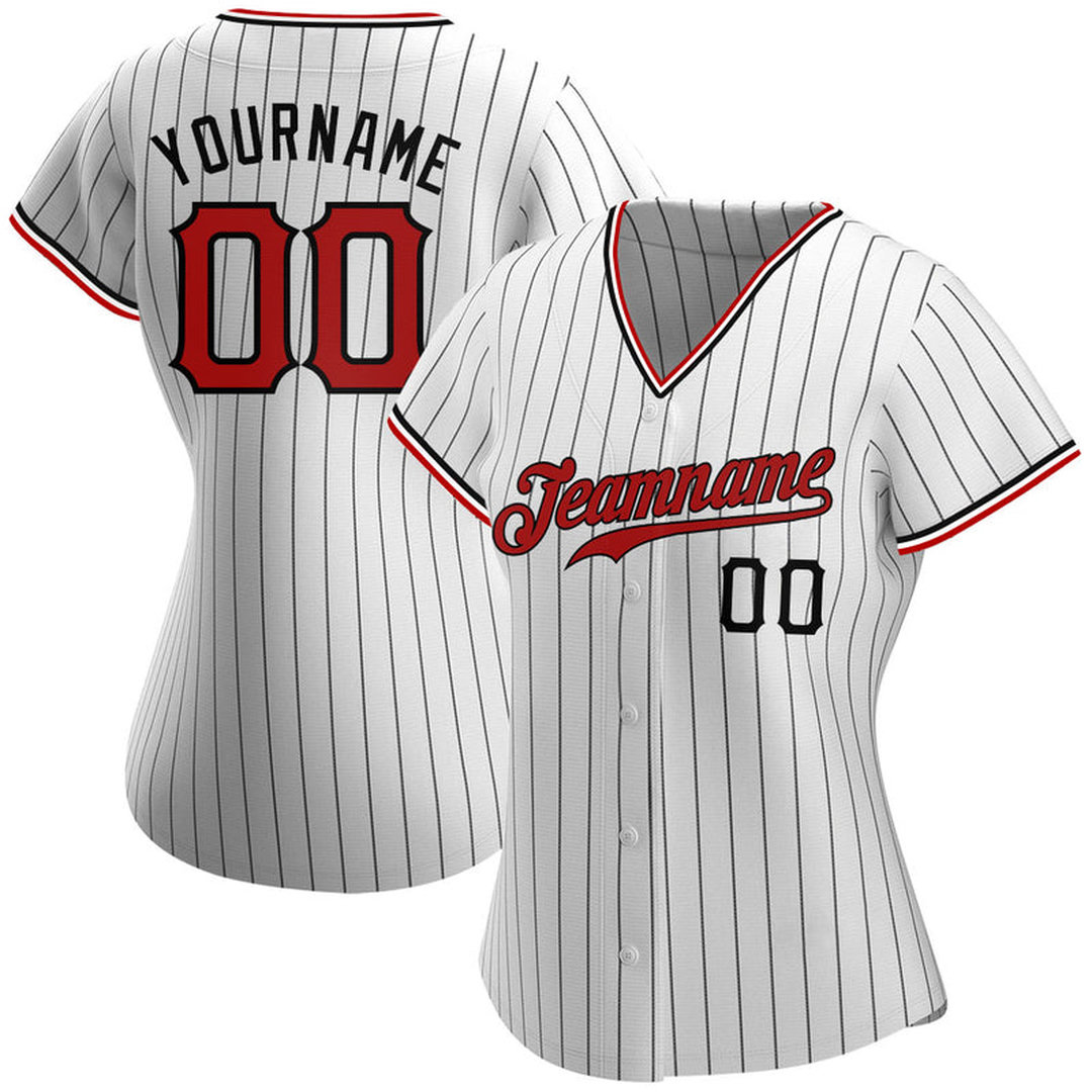 Custom White Black Pinstripe Red-Black Baseball Jersey Custom White Black Pinstripe Red-Black Baseball Jersey